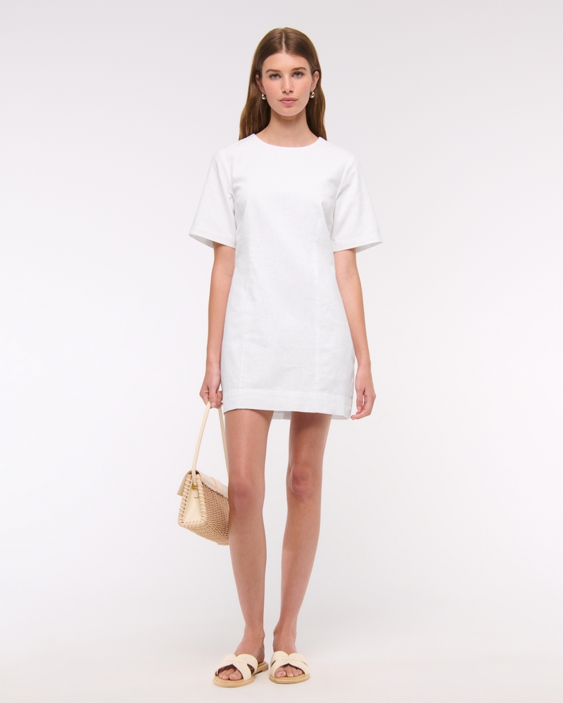 Short-Sleeve Linen-Blend Button Mini Dress