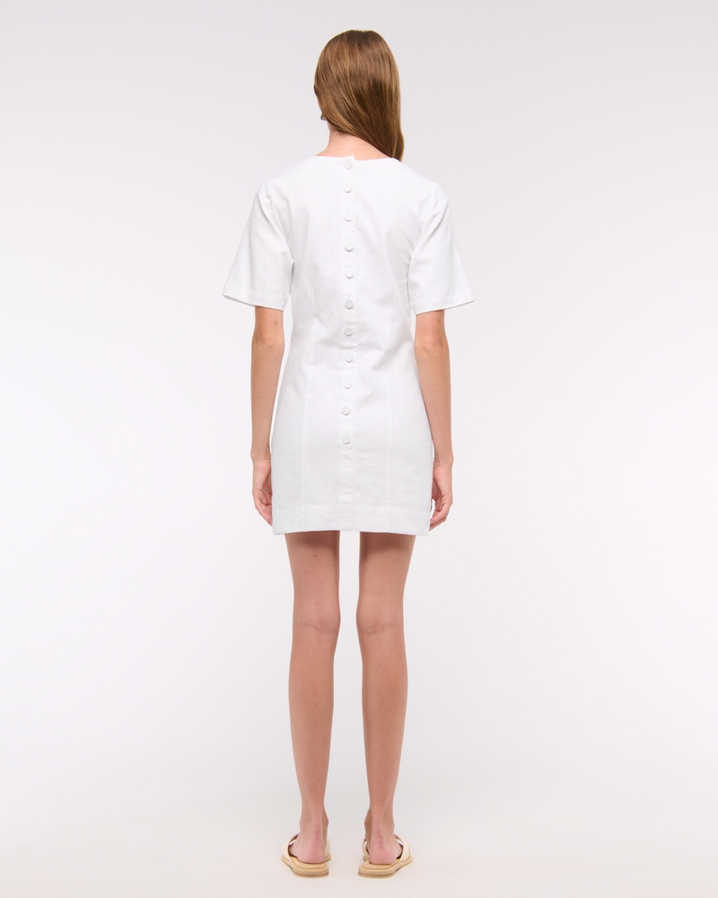 Short-Sleeve Linen-Blend Button Mini Dress