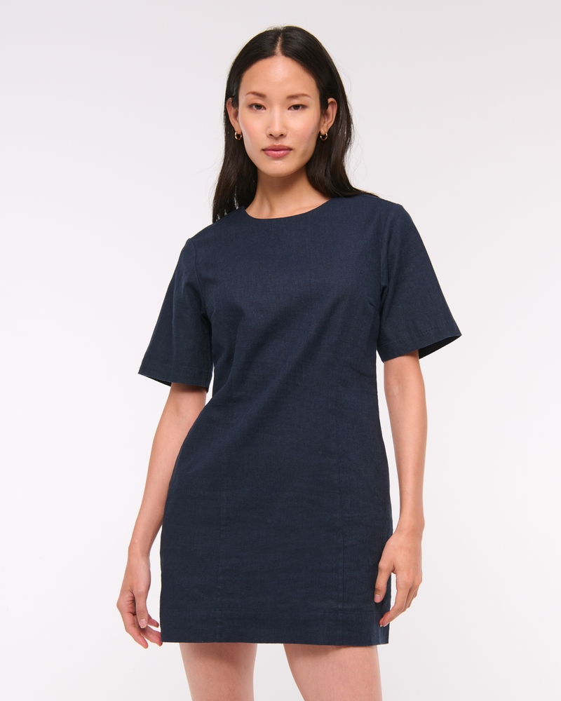 Short-Sleeve Linen-Blend Button Mini Dress
