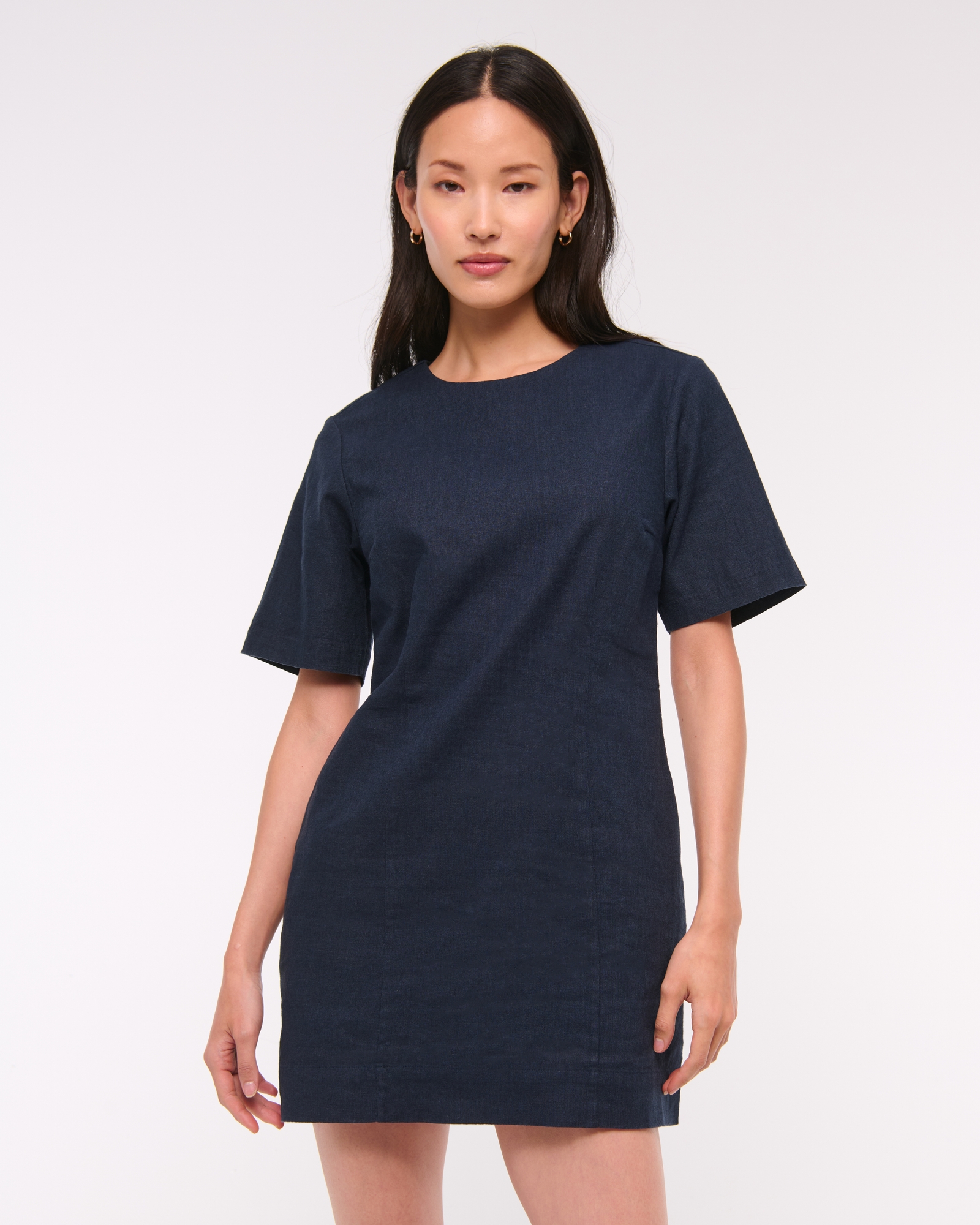 Short-Sleeve Linen-Blend Button Mini Dress