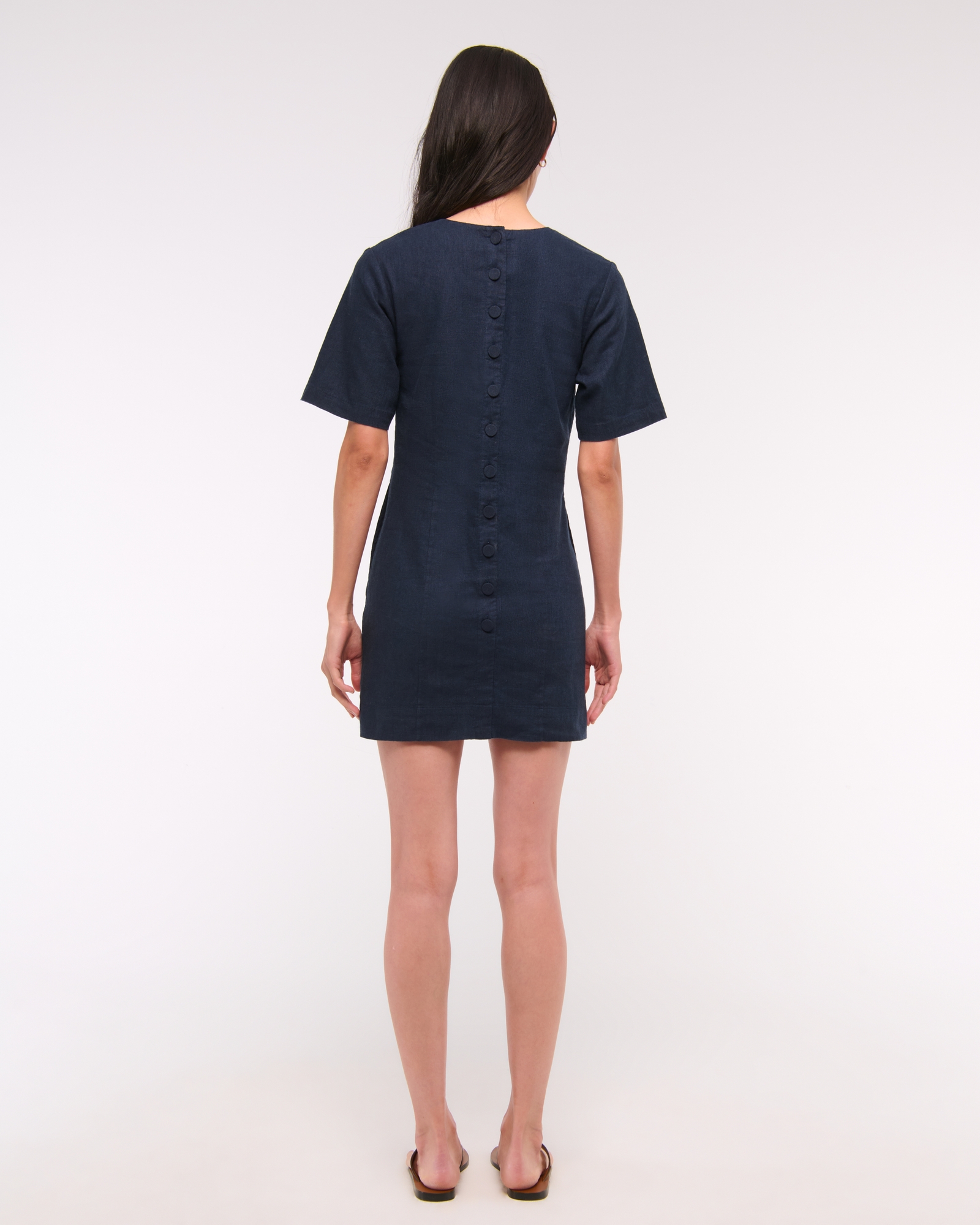Short-Sleeve Linen-Blend Button Mini Dress