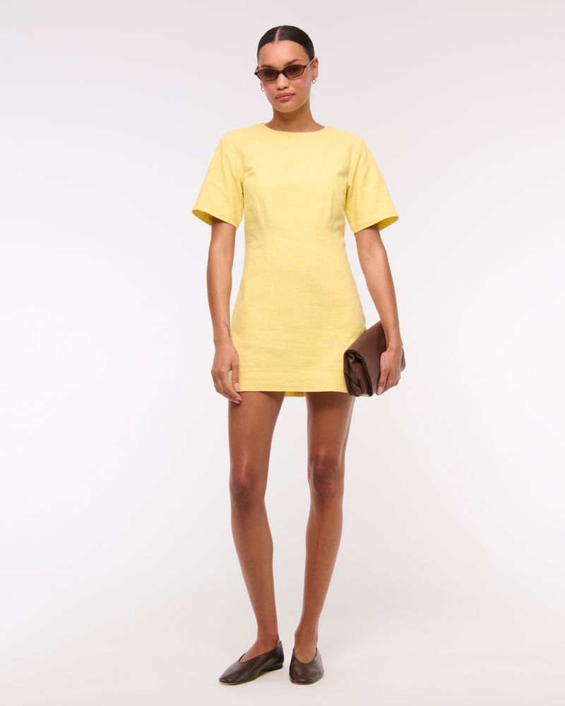 Short-Sleeve Linen-Blend Button Mini Dress