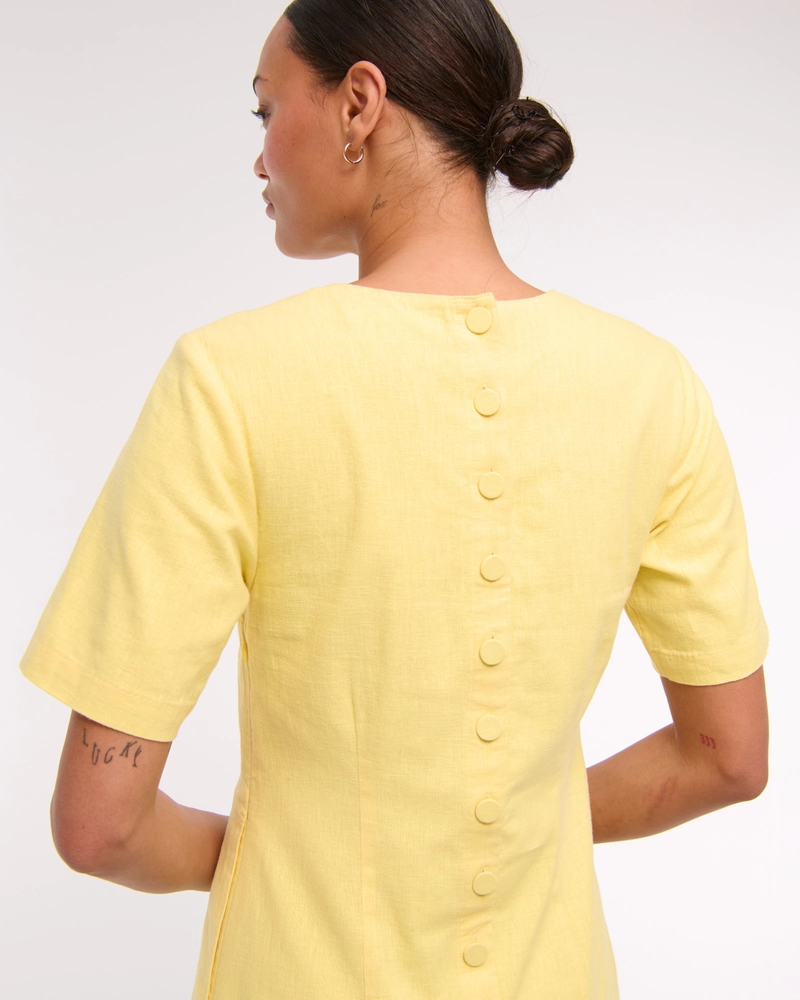Short-Sleeve Linen-Blend Button Mini Dress