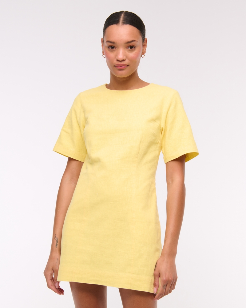 Short-Sleeve Linen-Blend Button Mini Dress