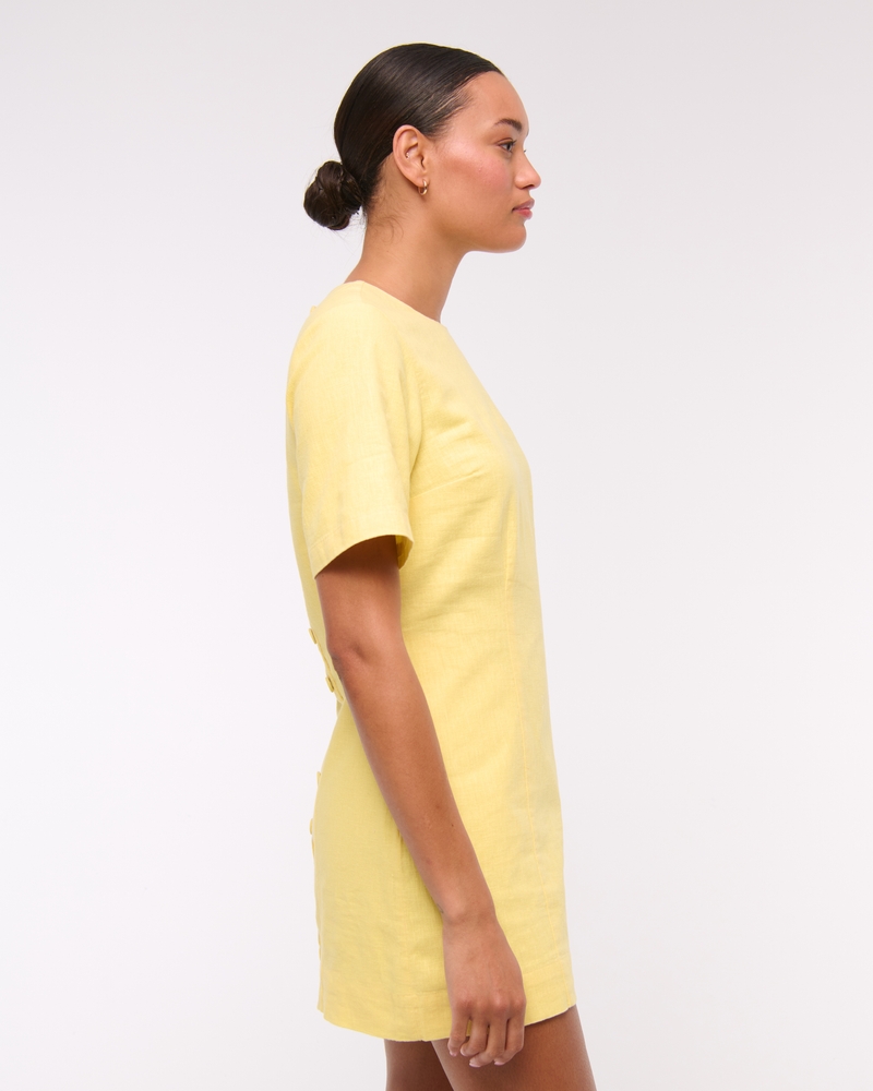 Short-Sleeve Linen-Blend Button Mini Dress