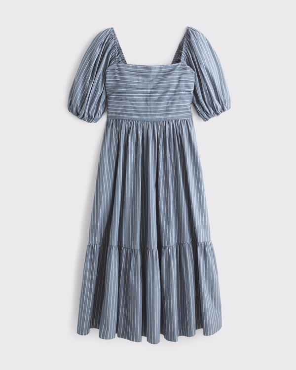 The A&F Emerson Poplin Puff Sleeve Midi Dress, Blue Stripe view 1