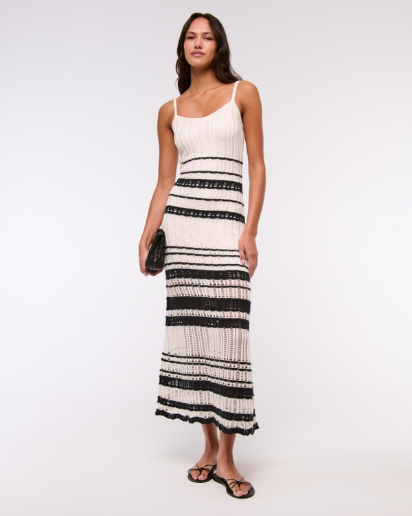 Crochet-Style Maxi Dress, Cream Stripe view 1