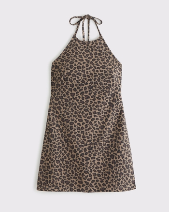 Open-Back Halter Denim Mini Dress