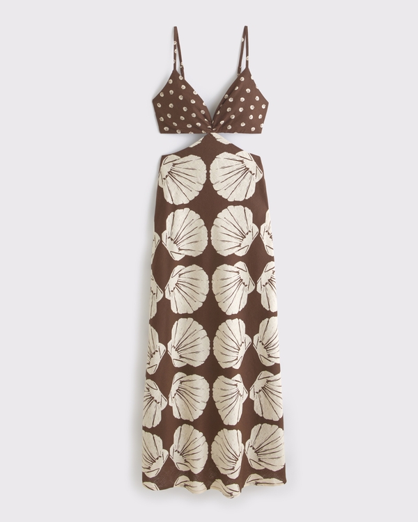 The A&F Julia Slip Cutout Maxi Dress, Brown Print view 1