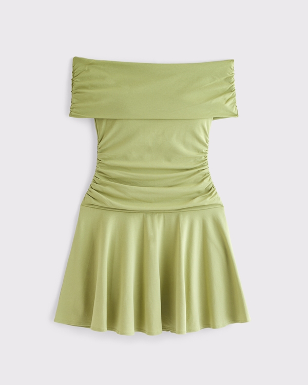 Off-The-Shoulder Knit Skort, Green view 1