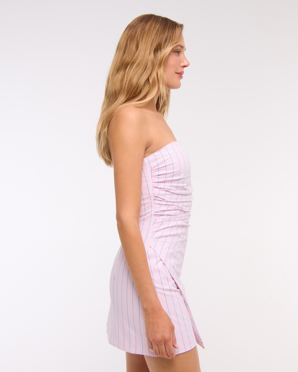 navy blue dress for baby girl Women's Strapless Asymmetrical Mini Dress in Pink Stripe | Size XL Petite