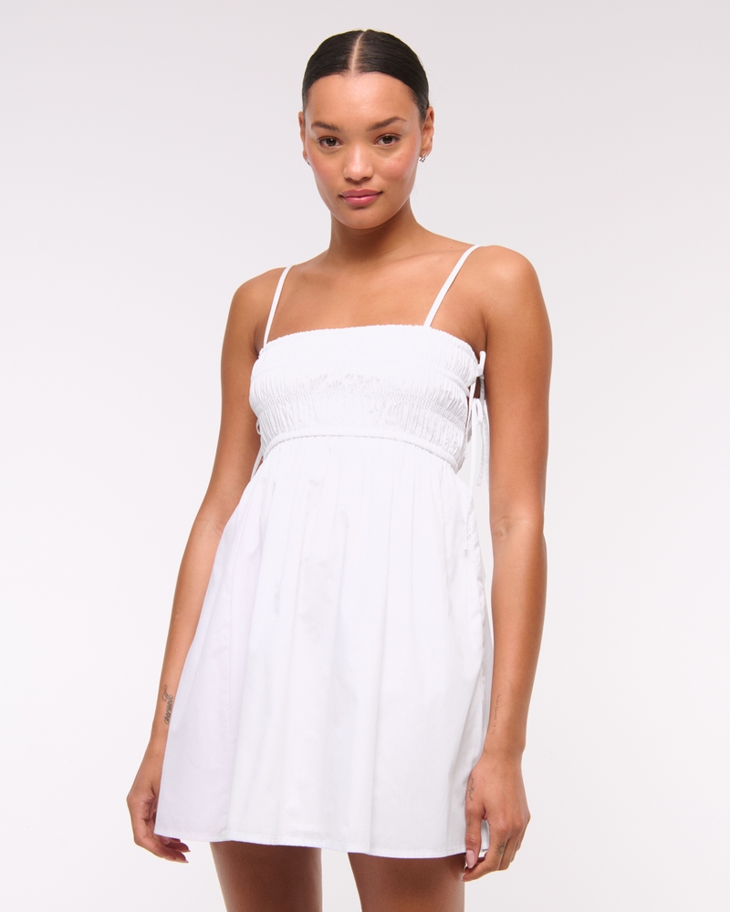Smocked Babydoll Tie Mini Dress