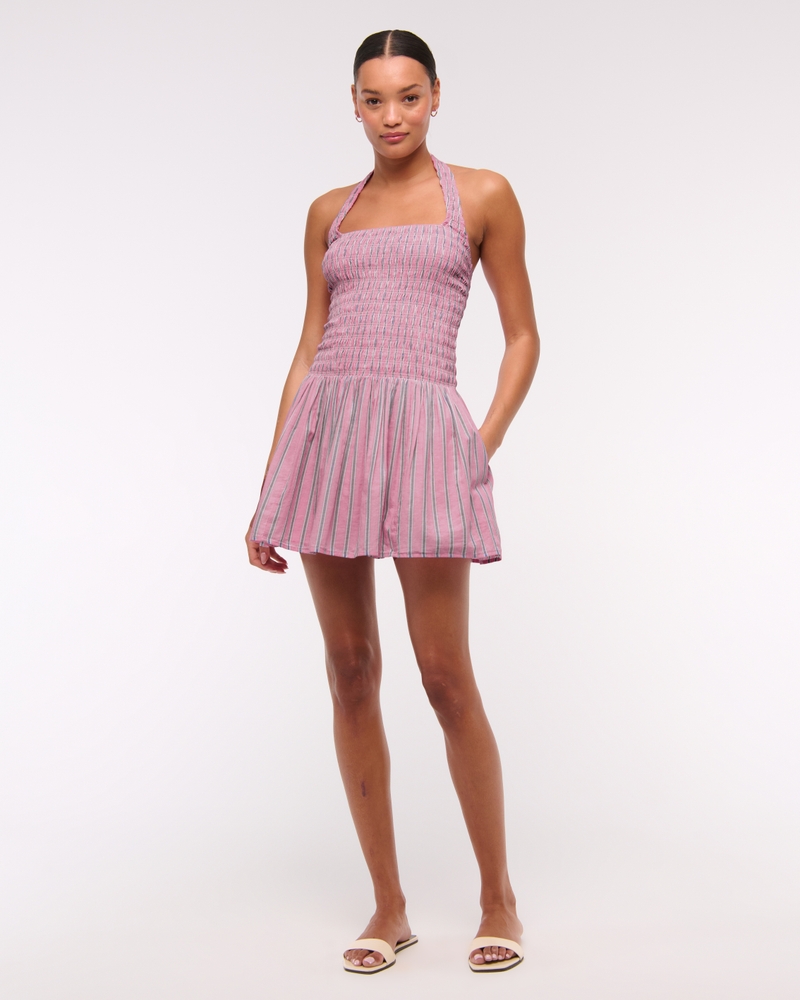 Drop-Waist Smocked Mini Dress