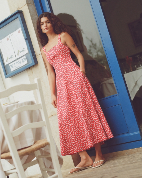 The A&F Mila Stretch Midi Dress, Red Pattern view 1