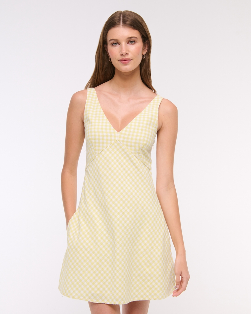 Women's V-Neck Linen-Blend Mini Dress in Yellow Gingham | Size XXL | Abercrombie & Fitch