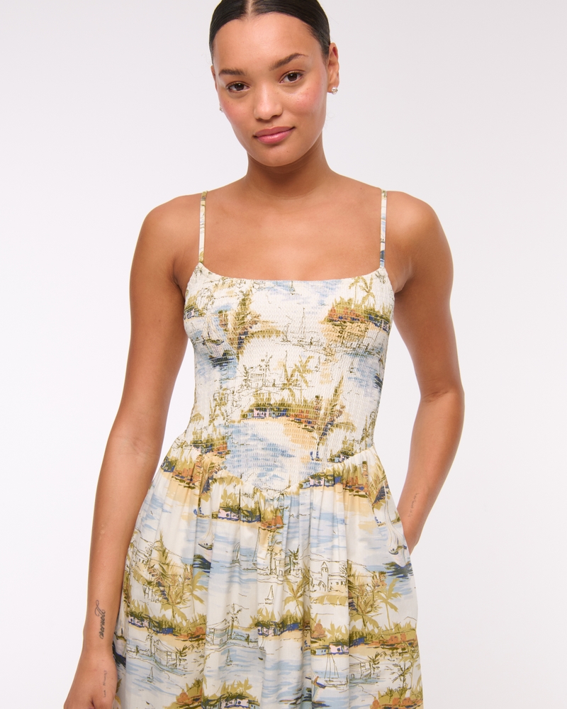 Dipped-Waist Smocked Midi Dress