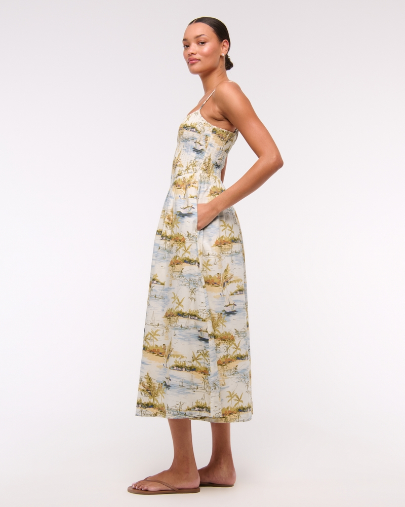 Dipped-Waist Smocked Midi Dress