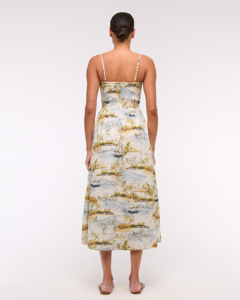 Dipped-Waist Smocked Midi Dress