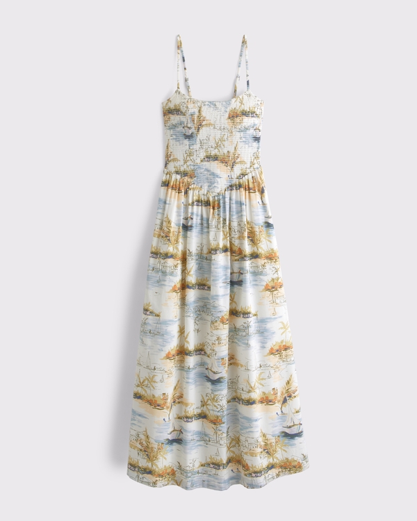 Women's A&F Sydney Smocked Dipped-Waist Midi Dress in White Pattern | Size L | Abercrombie & Fitch