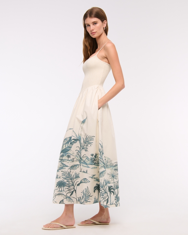 Dipped-Waist Smocked Midi Dress