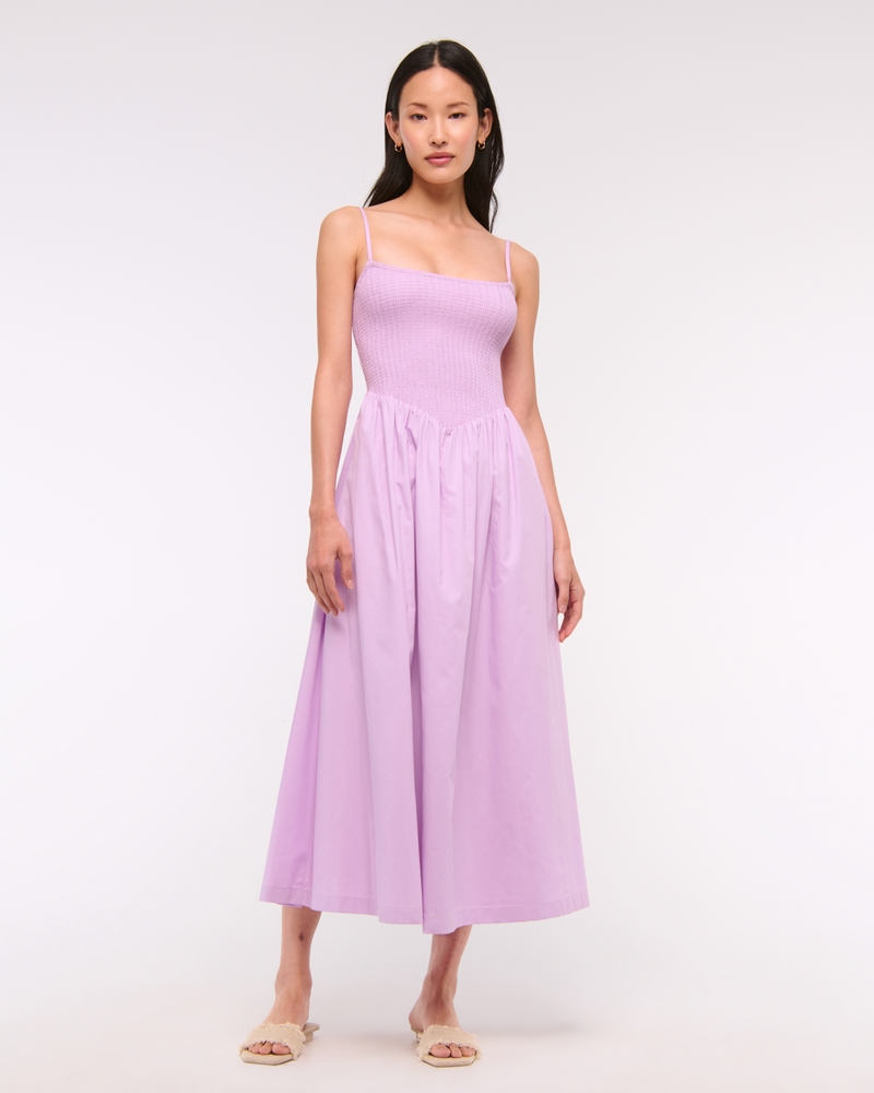 Dipped-Waist Smocked Midi Dress