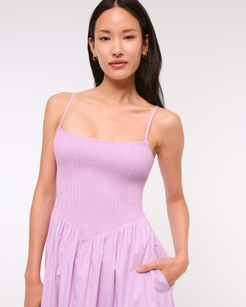 Dipped-Waist Smocked Midi Dress
