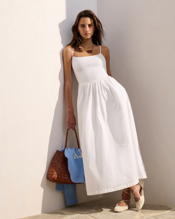 Dipped-Waist Smocked Midi Dress, White view 1