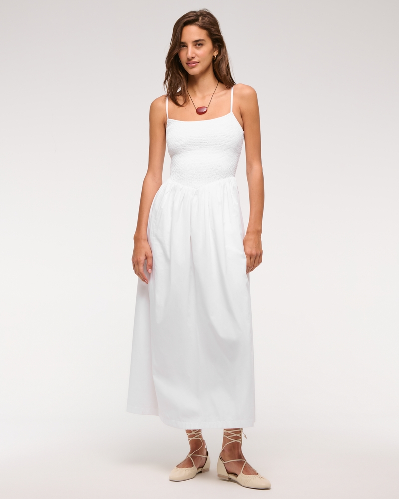 Dipped-Waist Smocked Midi Dress