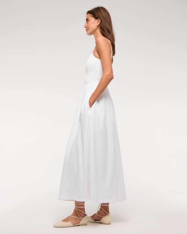 Dipped-Waist Smocked Midi Dress