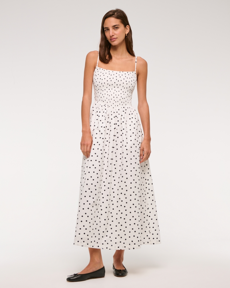 Dipped-Waist Smocked Midi Dress