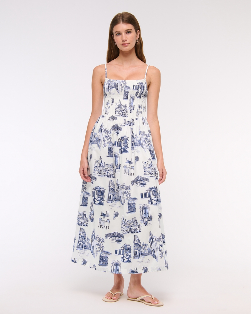 Women's Dipped-Waist Smocked Midi Dress | Women's Clearance | Abercrombie.com