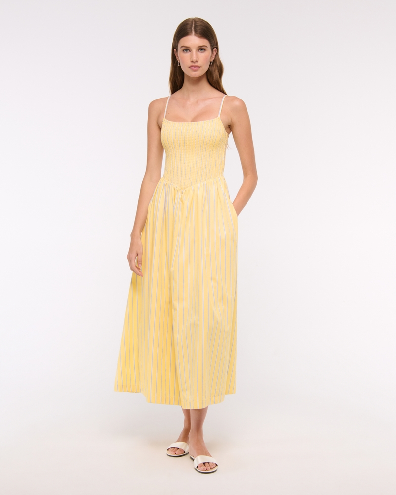 Dipped-Waist Smocked Midi Dress