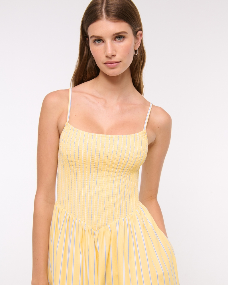 Dipped-Waist Smocked Midi Dress