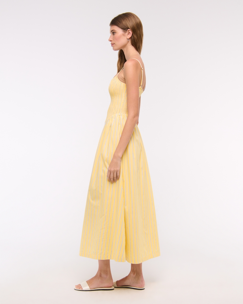Dipped-Waist Smocked Midi Dress