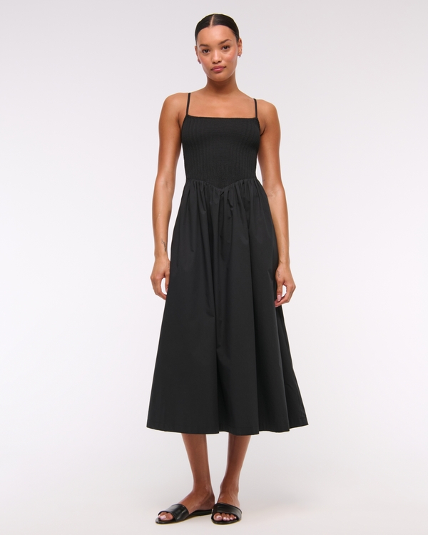Dipped-Waist Smocked Midi Dress, Black view 1