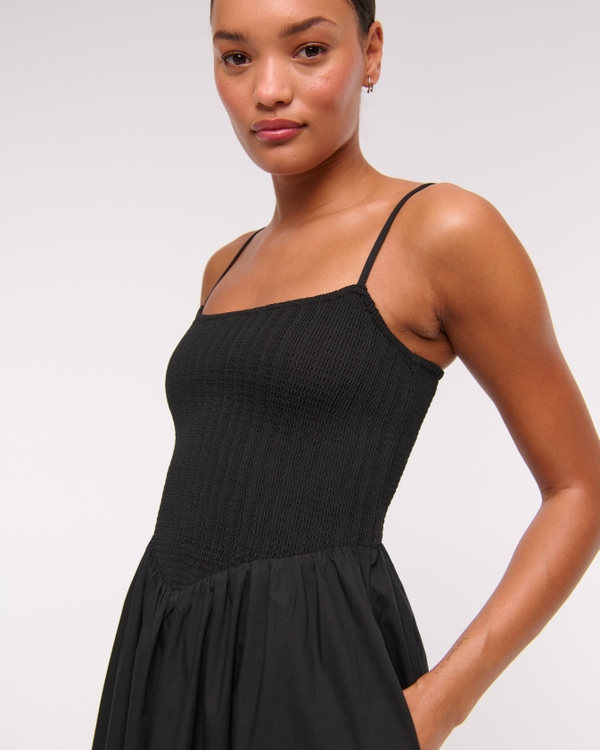 Dipped-Waist Smocked Midi Dress, Black view 2