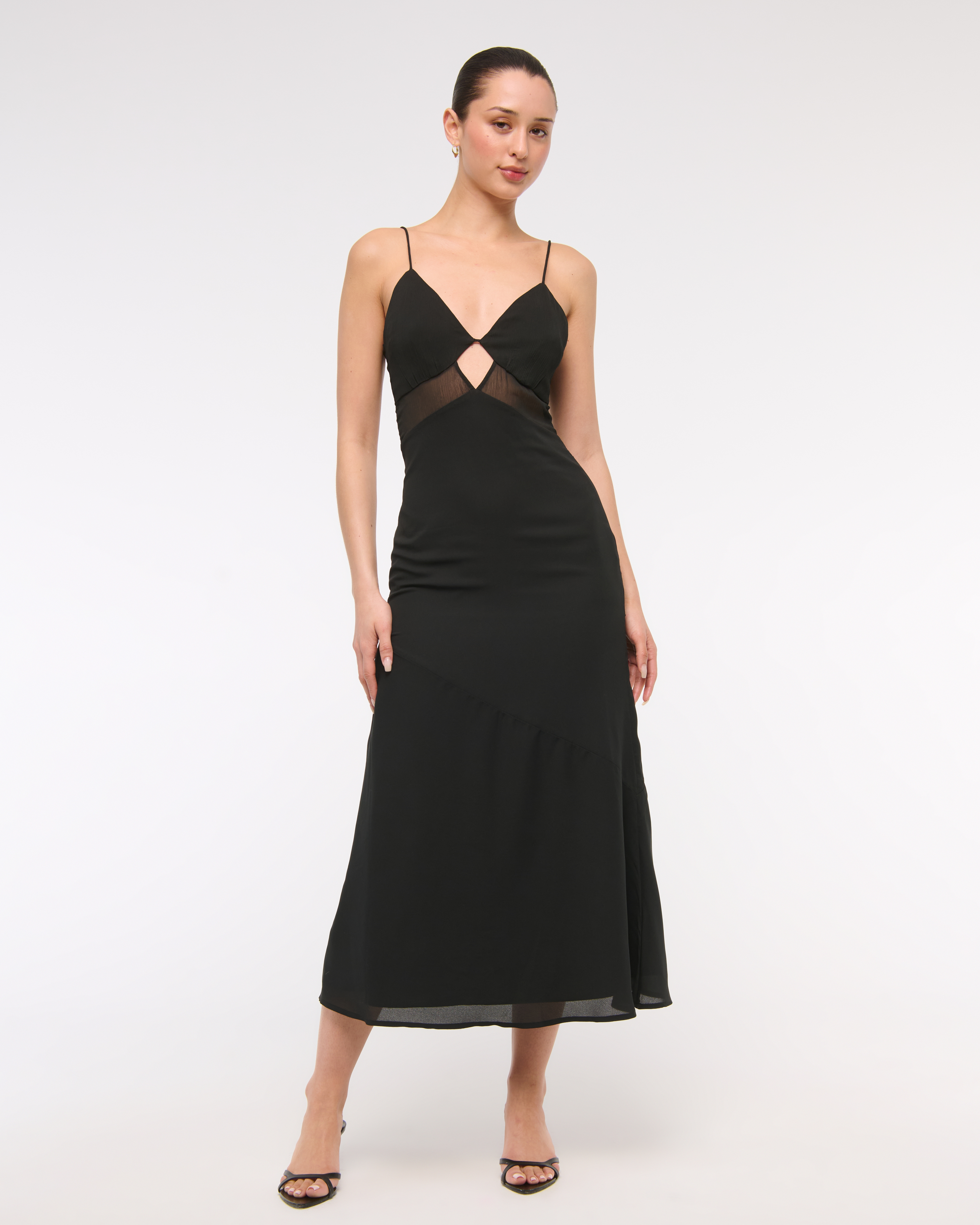Abercrombie & Fitch Tie-back Sheer Slip Midi Dress In Black
