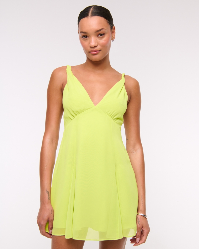 V-Neck Twist Godet Mini Dress