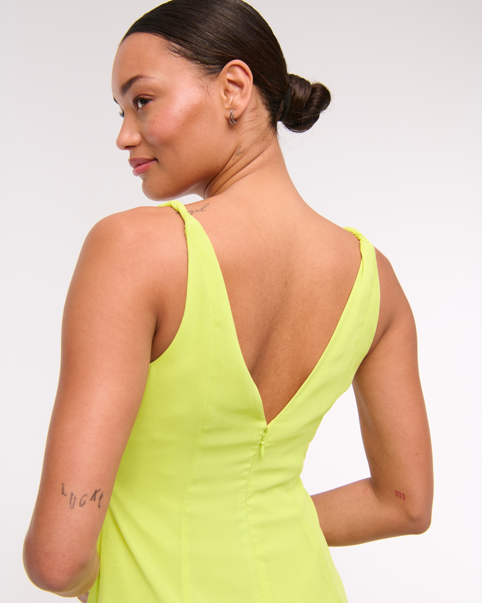 V-Neck Twist Godet Mini Dress