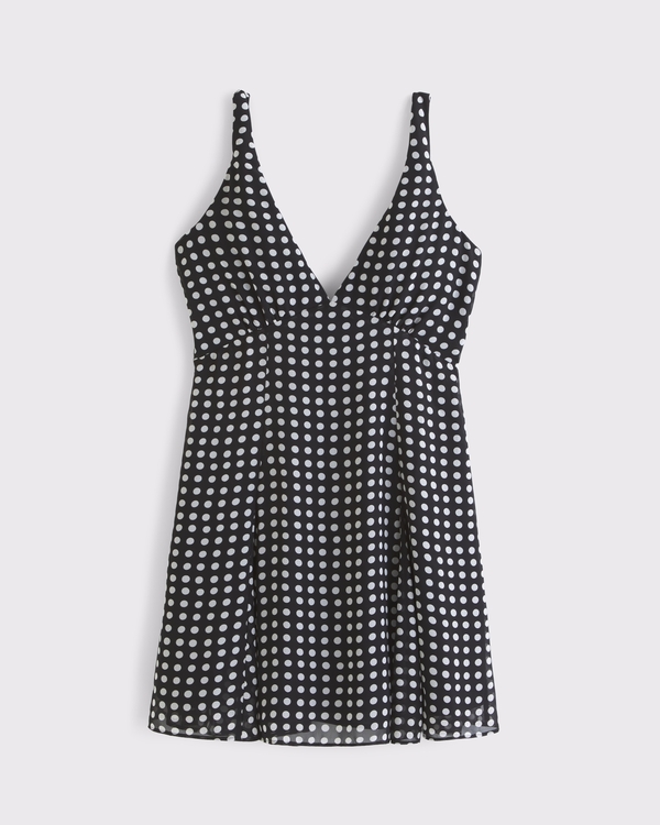 V-Neck Twist Godet Mini Dress, Black Polka Dot view 1