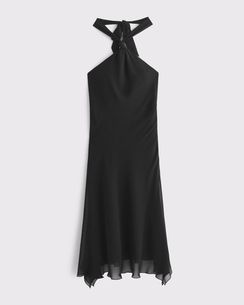 Halter Neck Plain Asymmetrical Frill Trim Open Back Midi A main image 0