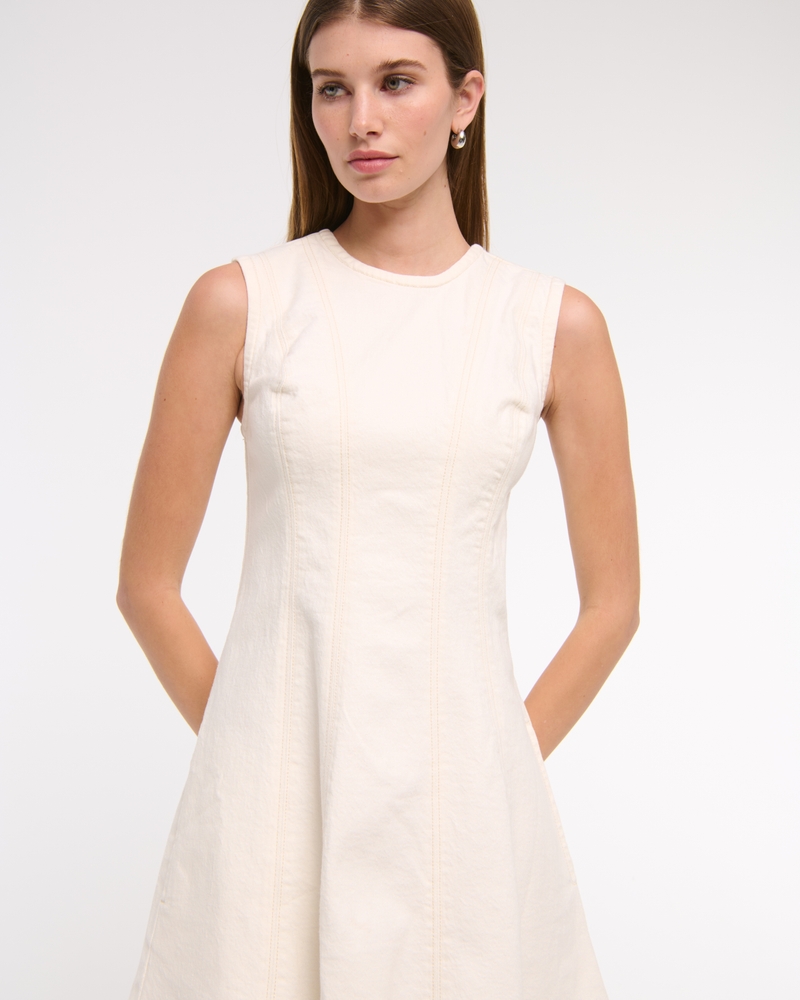 High-Neck Seamed Denim Mini Dress