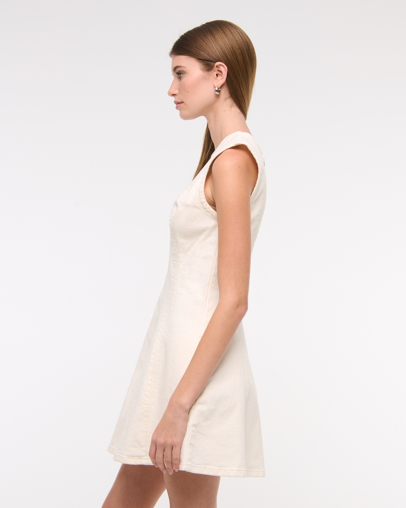 High-Neck Seamed Denim Mini Dress