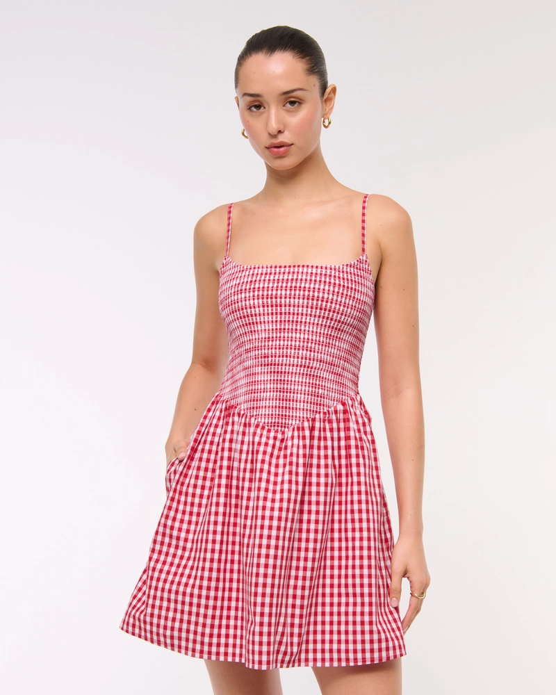 Dipped-Waist Smocked Mini Dress