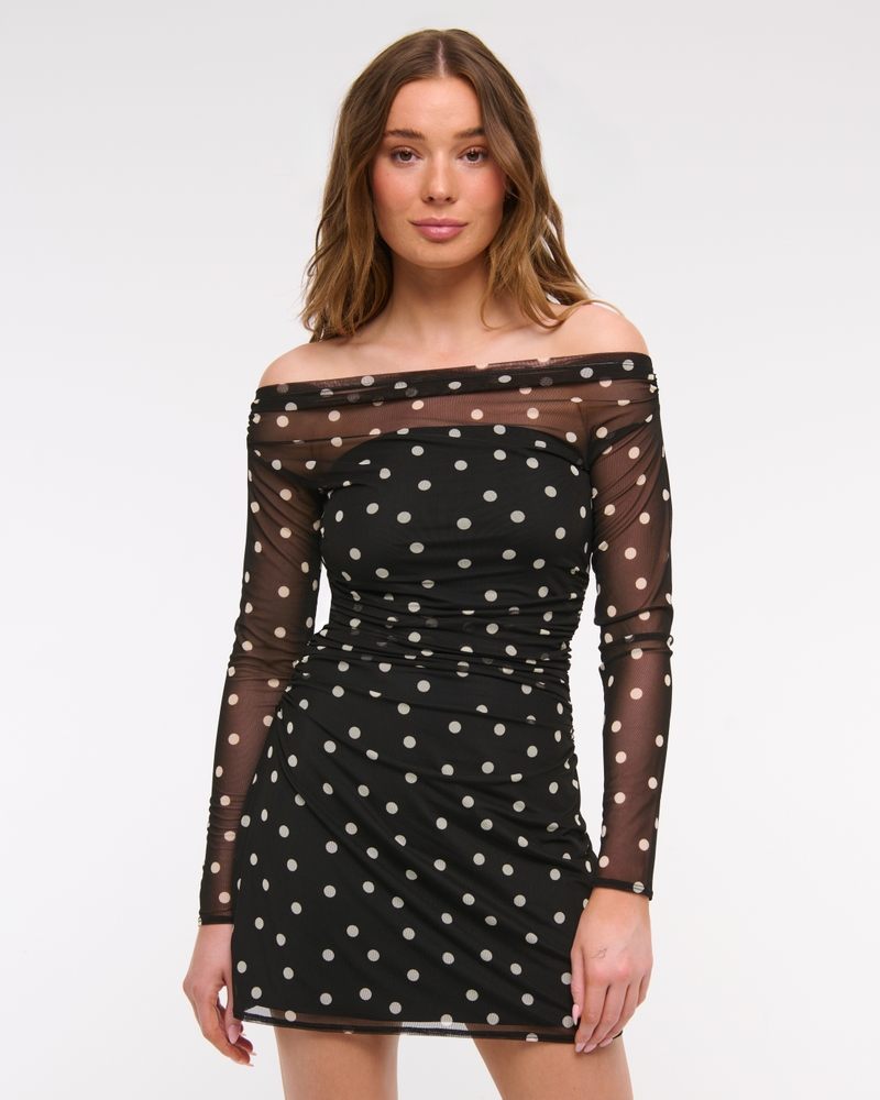 Off-The-Shoulder Mesh Mini Dress