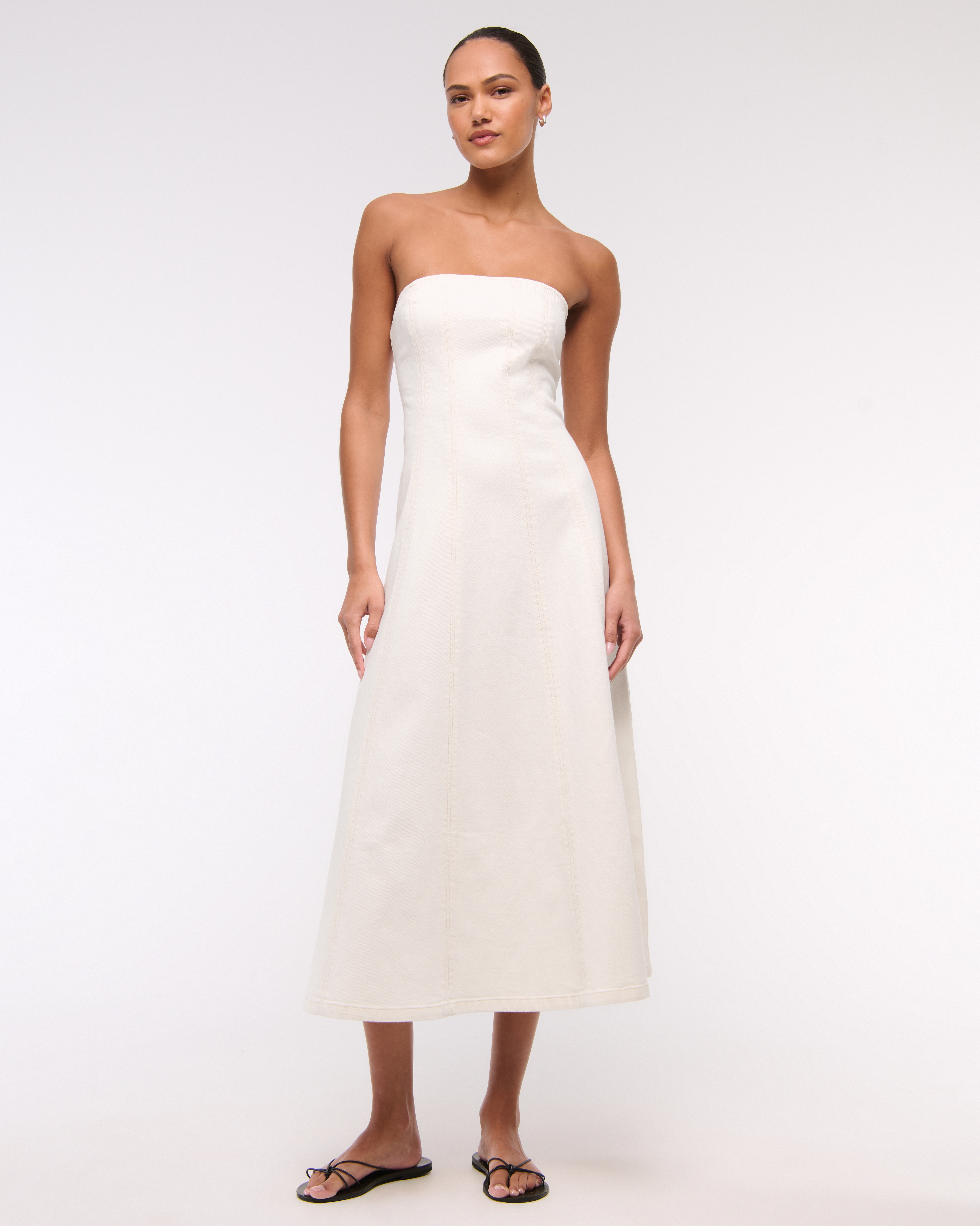 Abercrombie & Fitch The A&f Mila Strapless Denim Midi Dress In White
