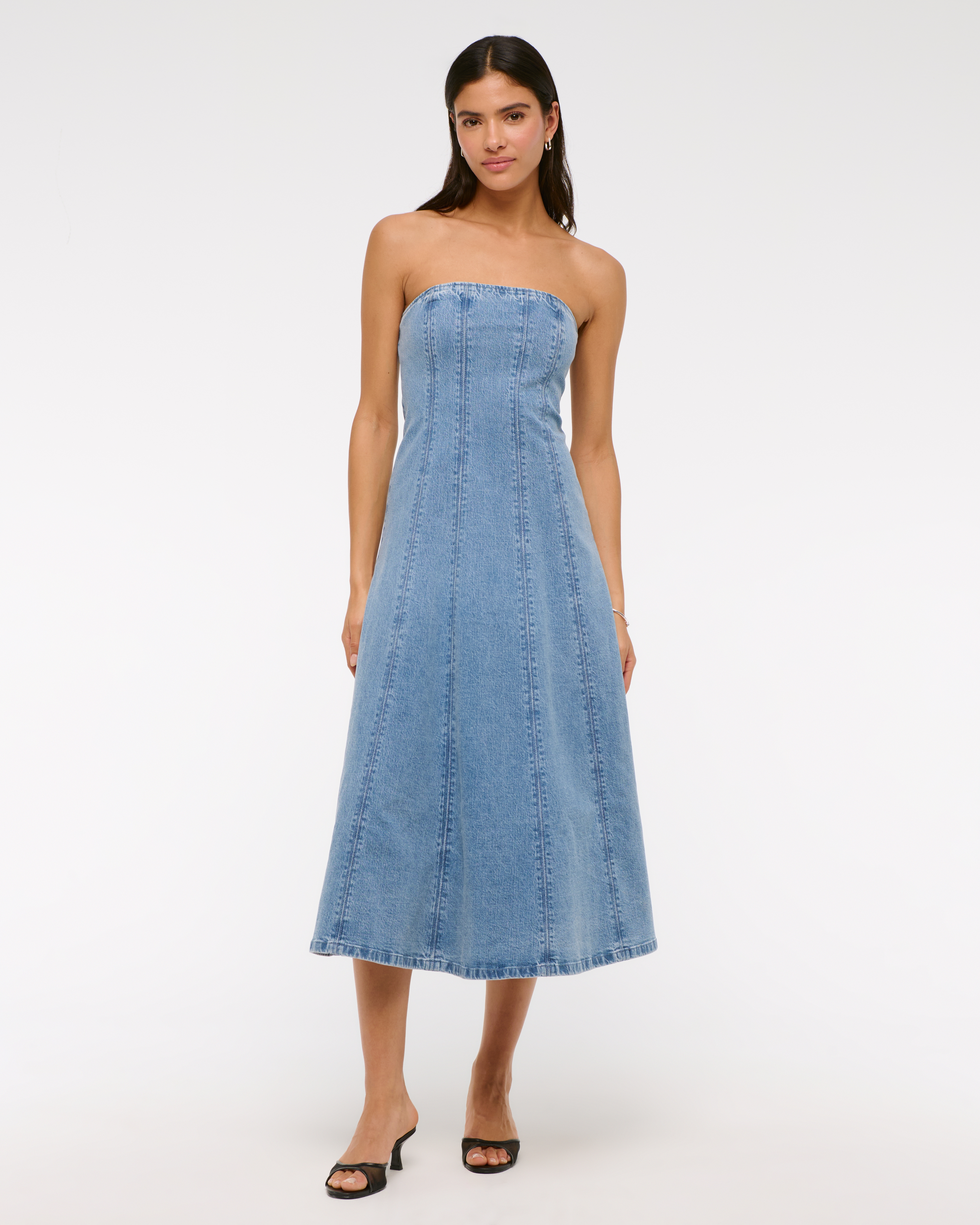 Abercrombie & Fitch The A&f Mila Strapless Denim Midi Dress In Blue