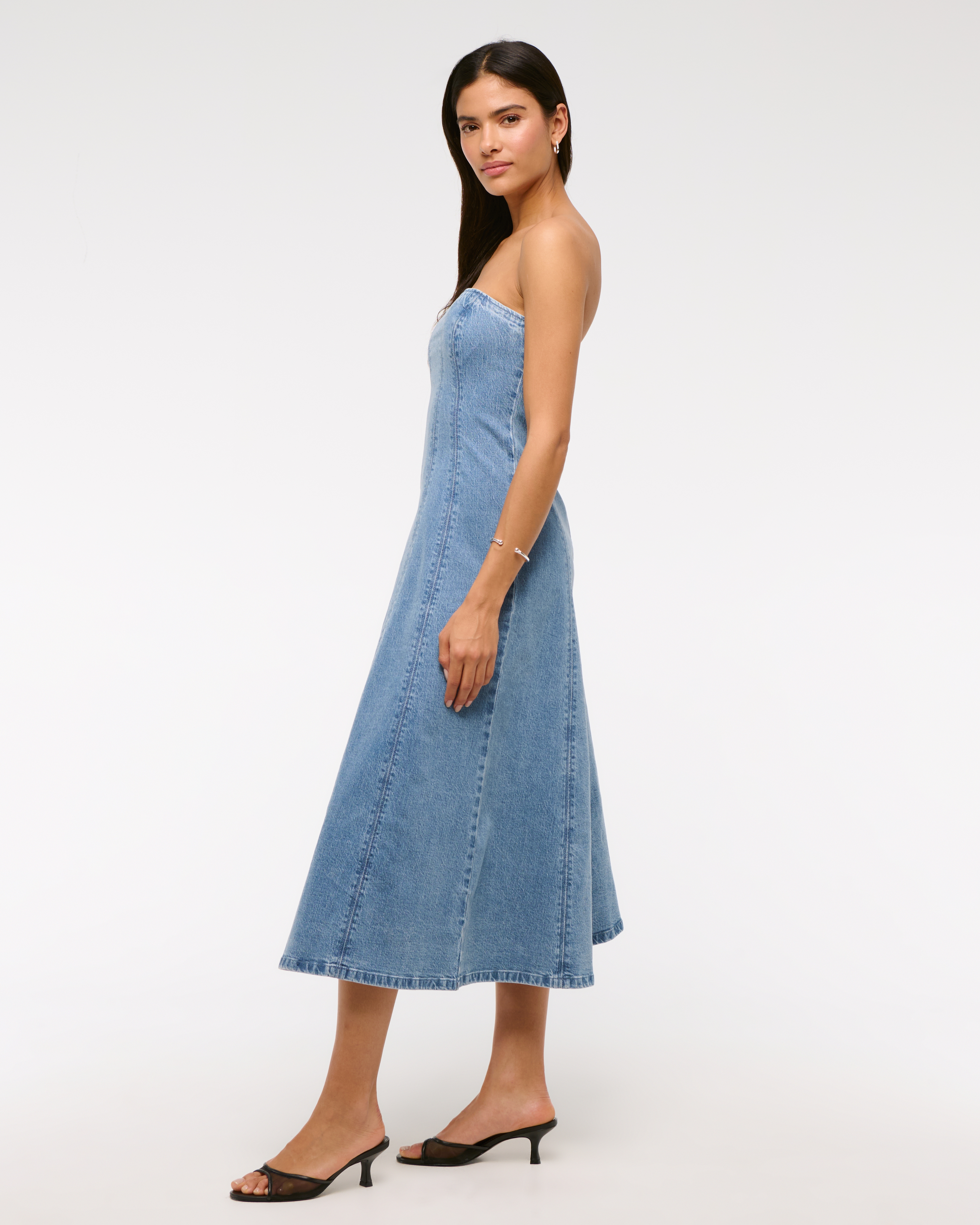 Abercrombie & Fitch The A&f Mila Strapless Denim Midi Dress In Blue