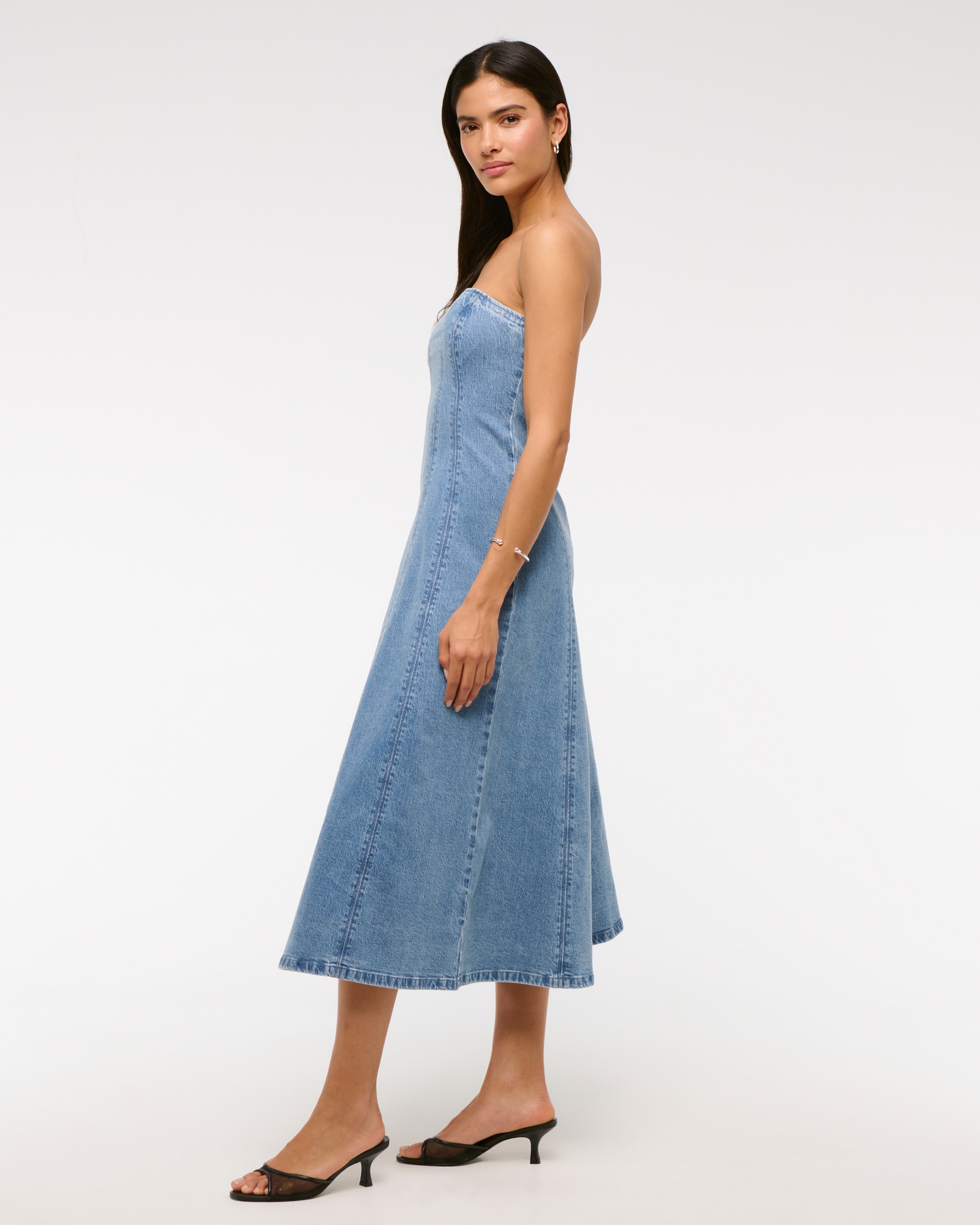 strapless denim midi dress Maxi 10 5ft8 / 178cm Regular side neck to hem 43.5 /110cm Strapless Stretch Denim Midi Dress