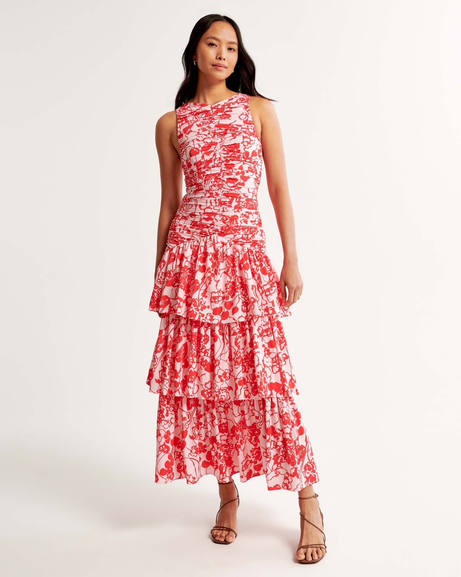 High Neck Ruched Tiered Maxi Dress